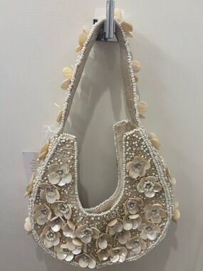 NWT Made in India Beaded Floral Shoulder Bag in Ivory